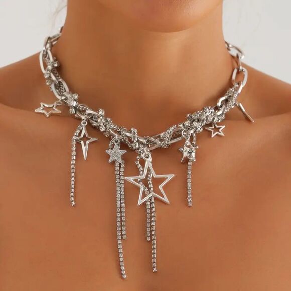 Party Festival Rave Punk Silver Star Dangle Chain Necklace with Tassel - Picture 5 of 7